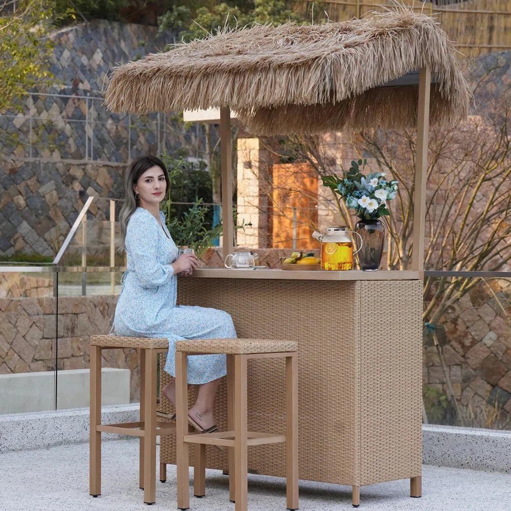 Outdoor Tiki Bar Set with Widen Ceramic Top (42" W), Phuket 3-Piece Wicker Islander Tiki Bar and 2 Stools Storage for Garden