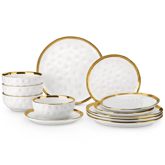 Lovecasa 12 or 24 Ceramic Dinnerware Set White Gold Rim