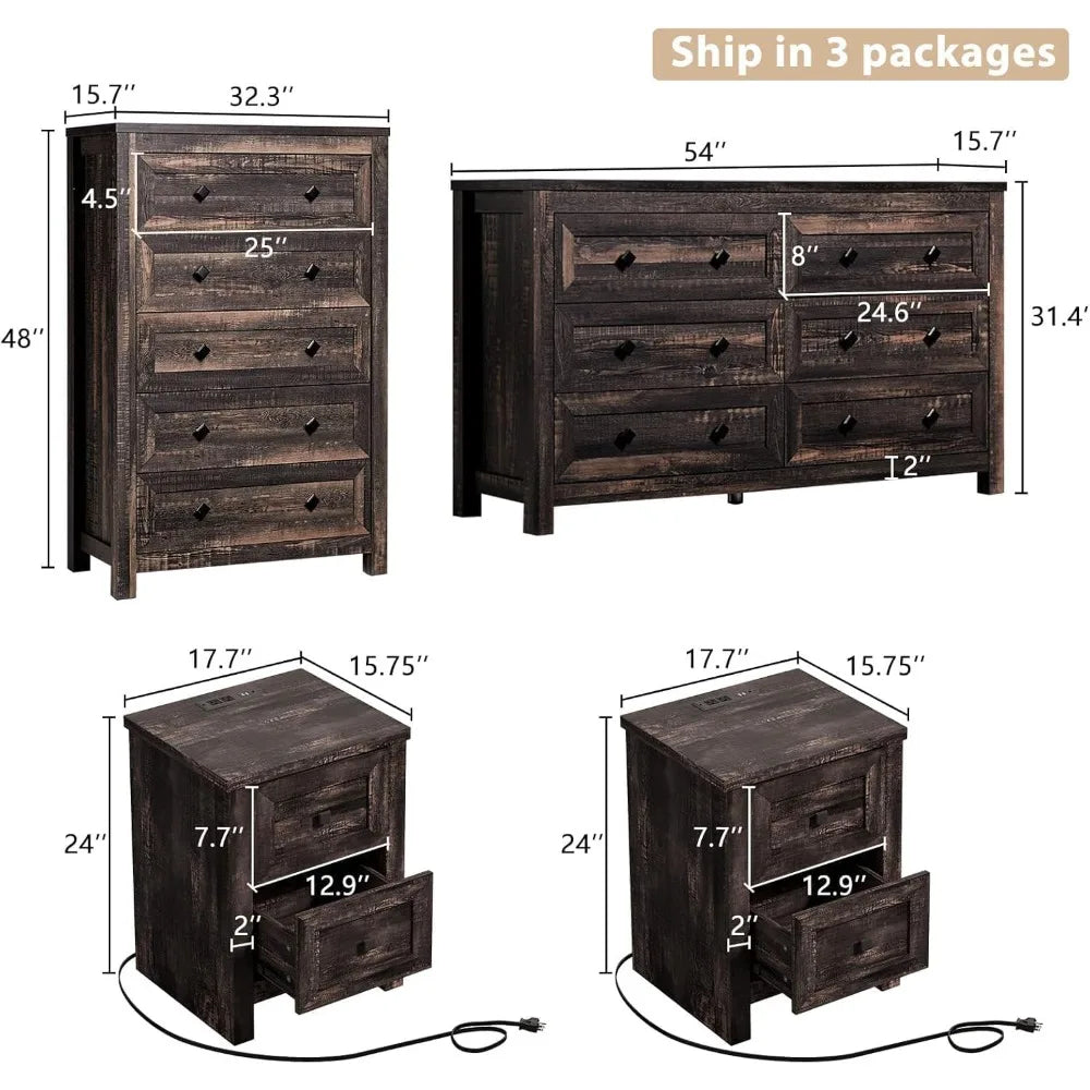 Farmhouse Bedroom 4 Piece Set Rustic Dressers Nightstands