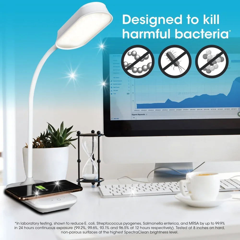 LED Sanitizing Desk Lamp with Wireless Charging SpectraClean Disinfection ClearSun Technology Adjustable Brightness Modes Office
