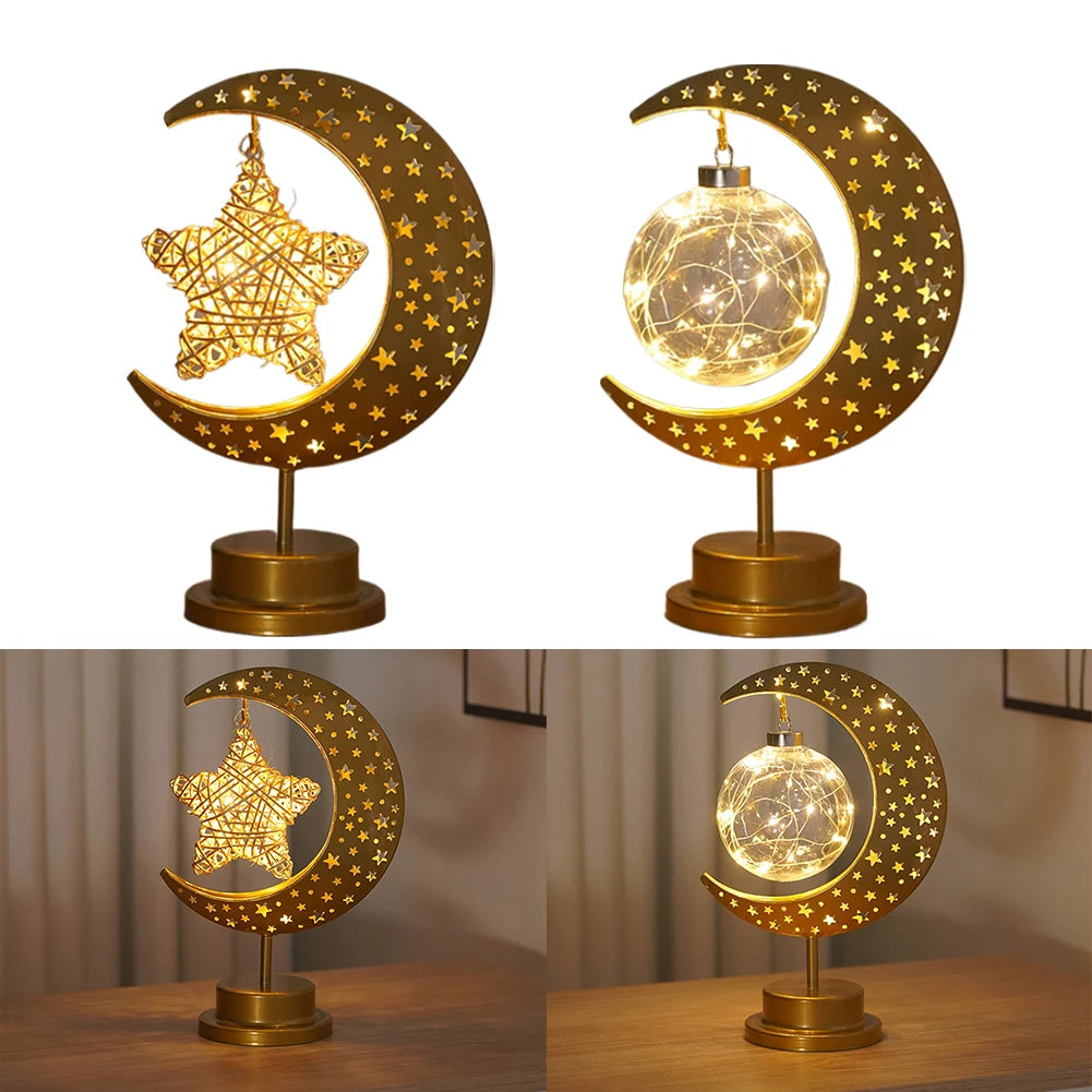 LED Night Light Metal LED Star Moon Light Battery Operated Star Table Lamp Office & Home Decor Eid Mubarak Star Moon Light