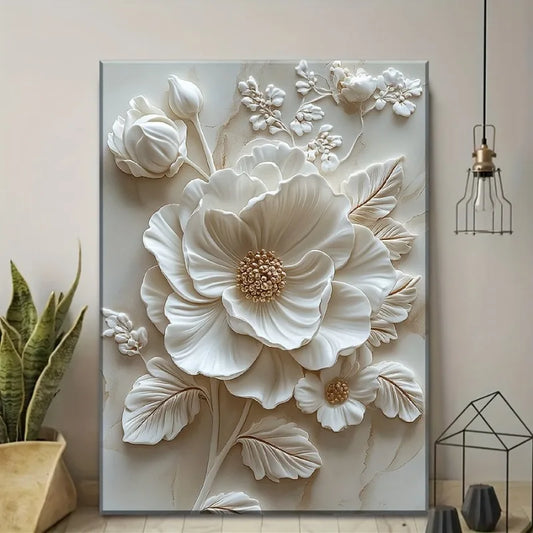 White Flower Pattern Wood Frame Canvas Mural Living Room