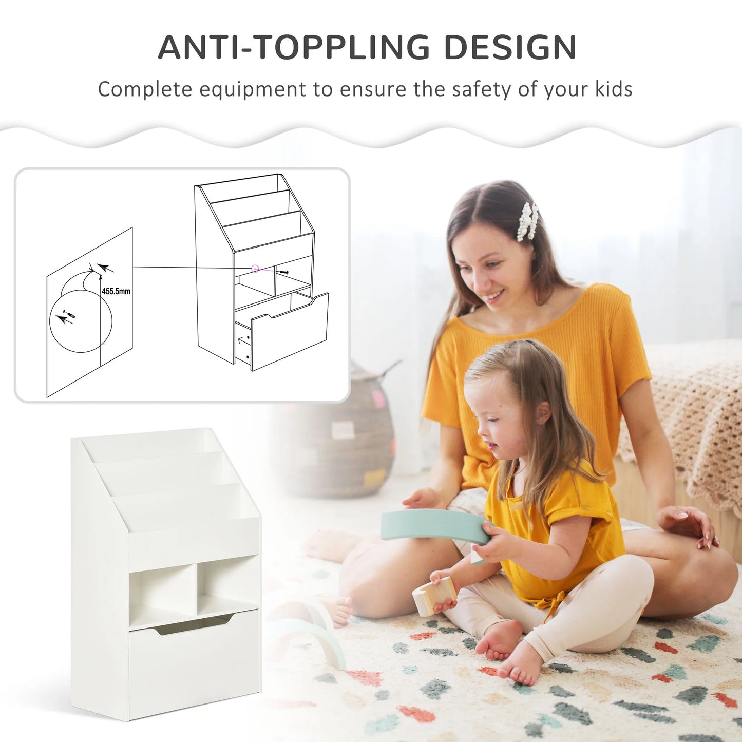 Kids Storage Bookcase Stand w/ Display Shelves & Drawer for Toys & Books, White