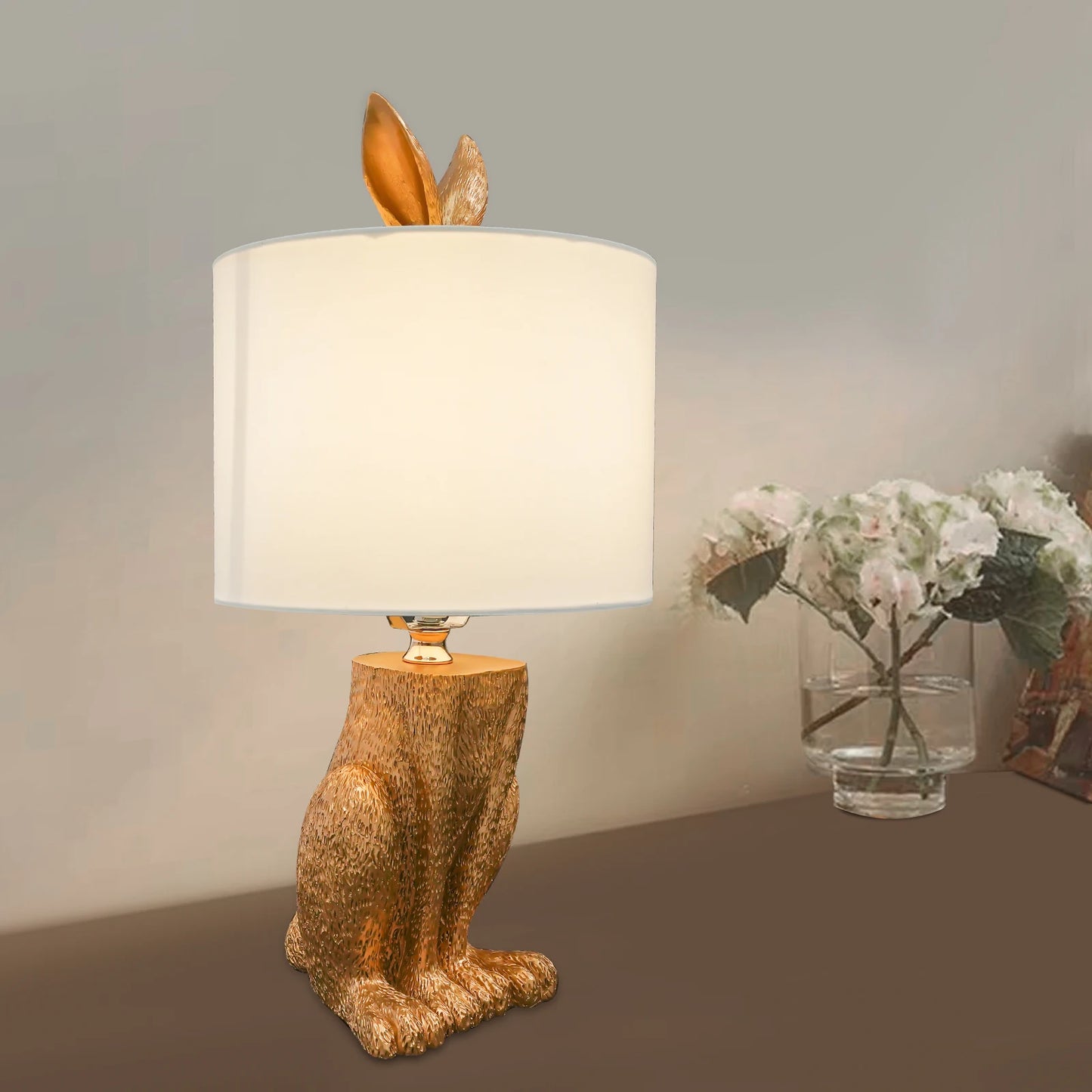 Gold Cute Rabbit Table Lamp, Modern Resin Tabletop Lamp with Push Button Switch, E26 Base for Bedroom Living Room Office Decor