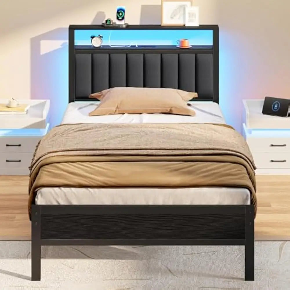 LED Twin Size Bed Frame with Charging Station and  2-Tier Storage Shelves, Platform Bed with Metal Slats, No Box Spring Needed