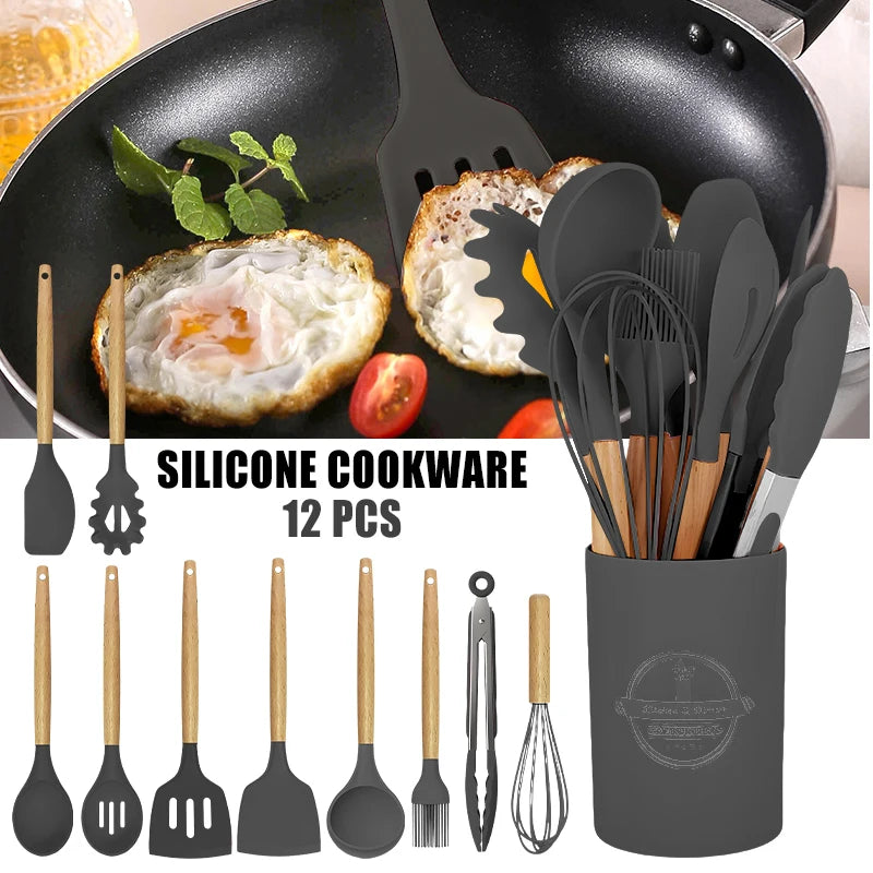 12pcs Silicone Kitchenware Cooking Utensils Set Non Stick Cookware Spatula Shovel Egg Beaters Baking Set with Storage Bucket