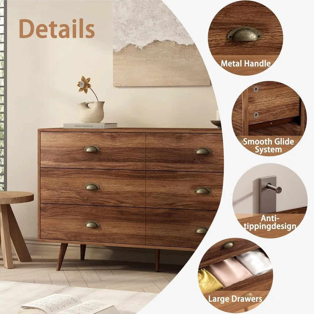 Walnut Brown Dresser for Bedroom, 6 Drawer Dresser with Wide Drawers and Metal Knob, Wood Dressers & Chest of Hallway
