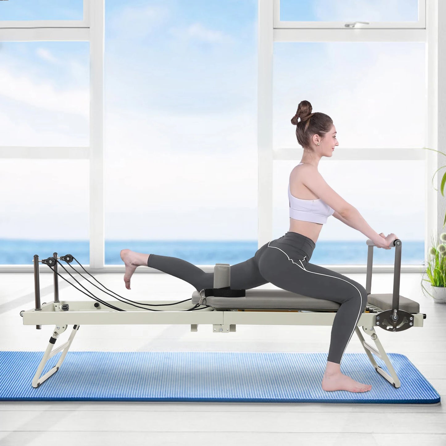 Foldable Pilates Reformer Machine with Latex Springs, 3-Level Rope Adjustment & 4-Position Foot Bar – Gym Yoga Fitness Equipment