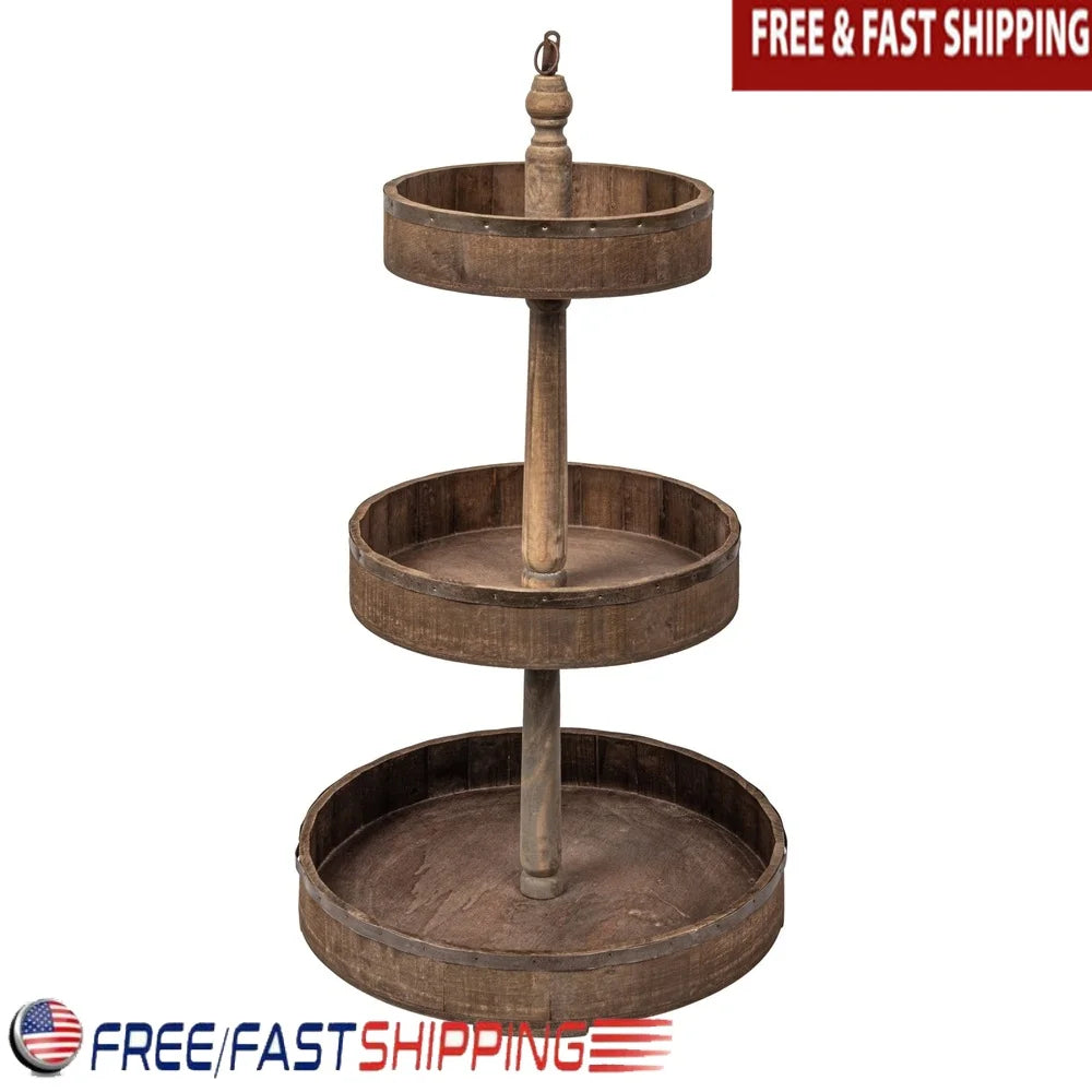 3 Tier Decorative Wood and Tin Tray Kitchen Storage Display Rack Mugs Knick Knacks and Greenery Home Décor Organizer