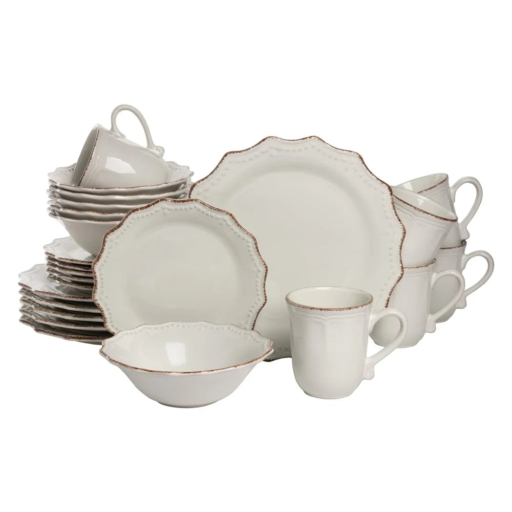 24 Piece Stoneware Dinnerware Set Microwave Safe Vintage Ceramic Beaded Edge Scalloped Rim Elegant Dining Tableware