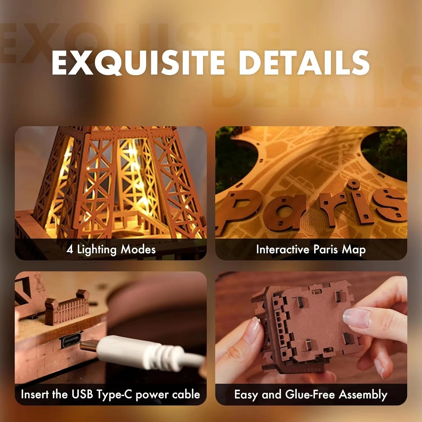 Eiffel Tower 3D Wooden Puzzle Night Light Kit For Kids