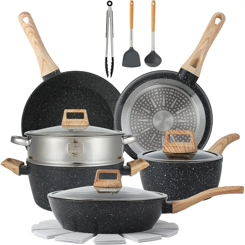 16PCS Nonstick Pots and Pans Set Cookware Aluminum Kitchen Cooking Set Easy Clean Heat Resistant Spatula and Protectors