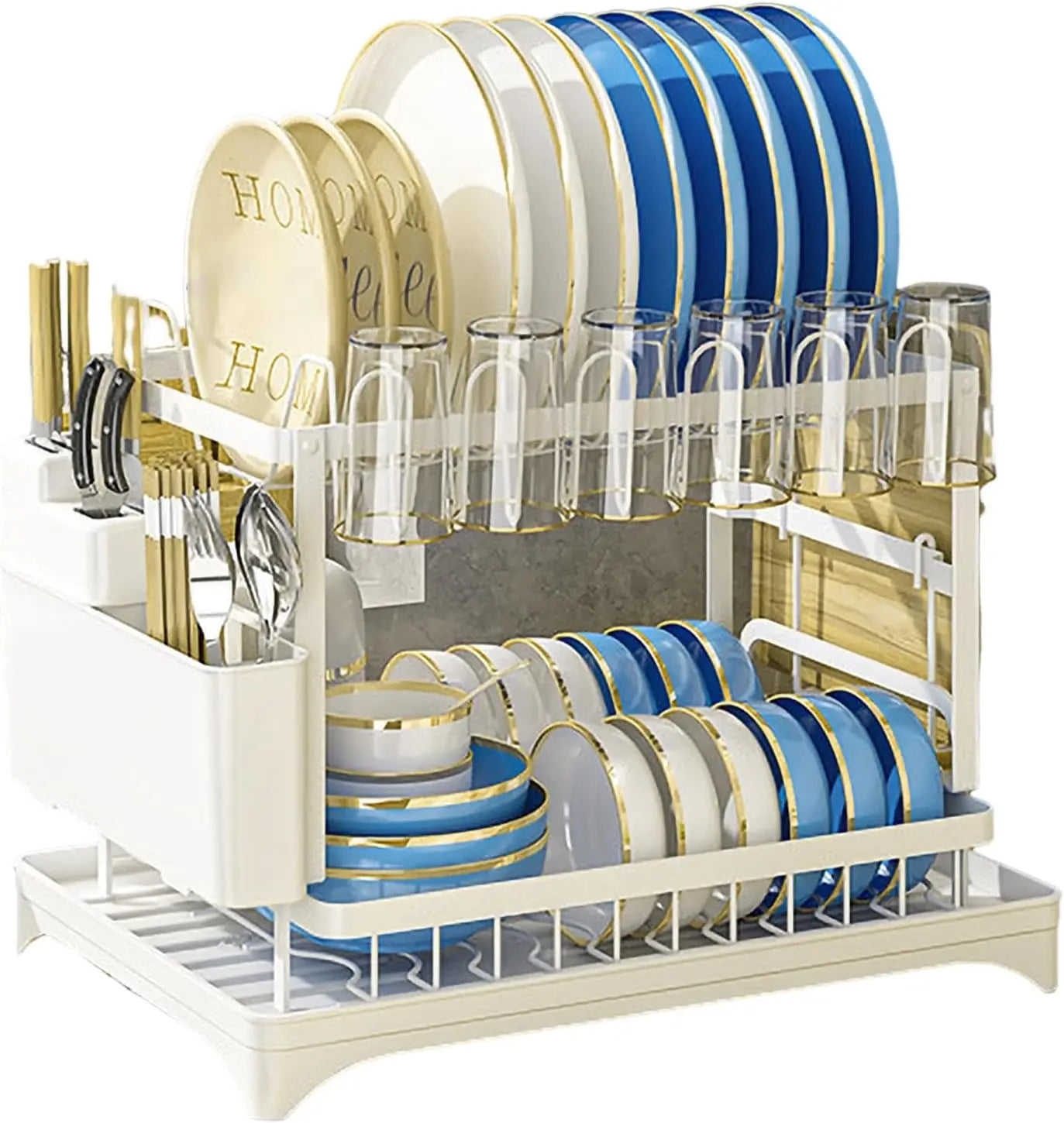 Kitchen countertop 2-tier dish drying rack, kitchen countertop dish drainer with drip tray, metal kitchen dish rack with drip tr