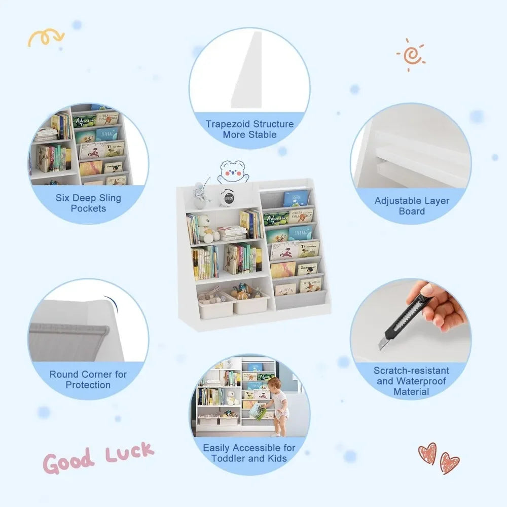 White Kids Bookshelf Wood Toy Storage Organizer Cabinet Children Bookcase Toddler Baby Sling Book Rack Adjustable Shelf