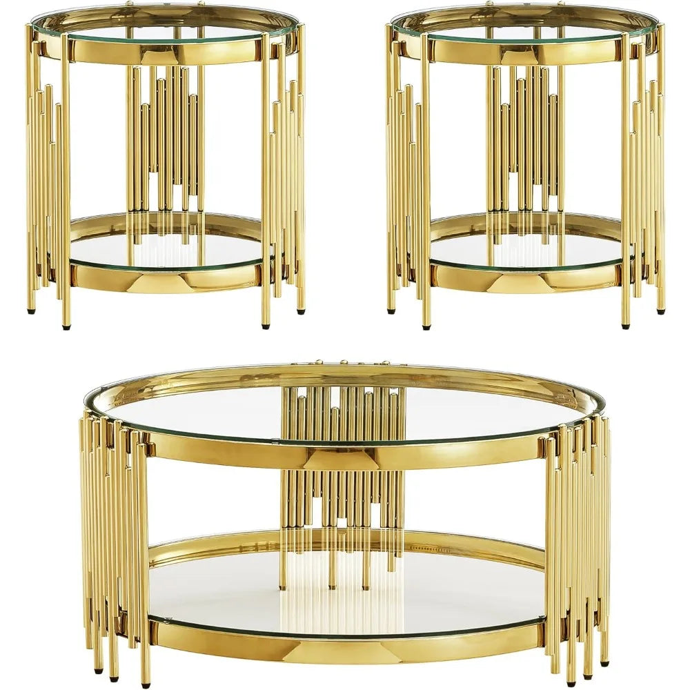 3 Piece Living Room Table Set with 1 Glass Coffee Table and 2 End Tables, 2 Tier Glass Coffee Table Set of 3 with Round Stainles