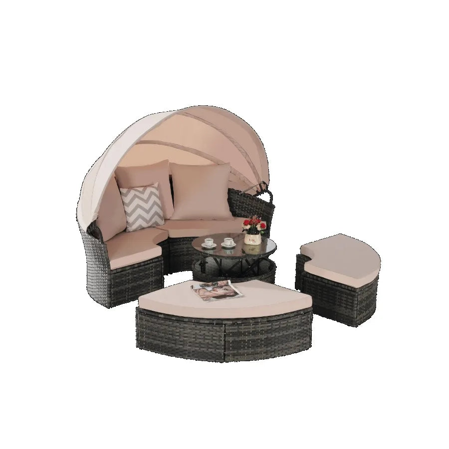 5 Pieces Outdoor Patio Round Daybed Furniture Wicker Conversation Set with Retractable Canopy Soft Cushions and Storable Table