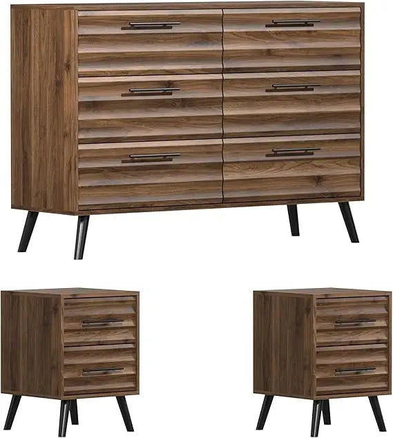 Farmhouse Bedroom Set, 3 Pieces Bedroom Furniture Set, Rustic Wood 6 Drawer Dresser and Nightstands, Chest of Drawers Wide Stora