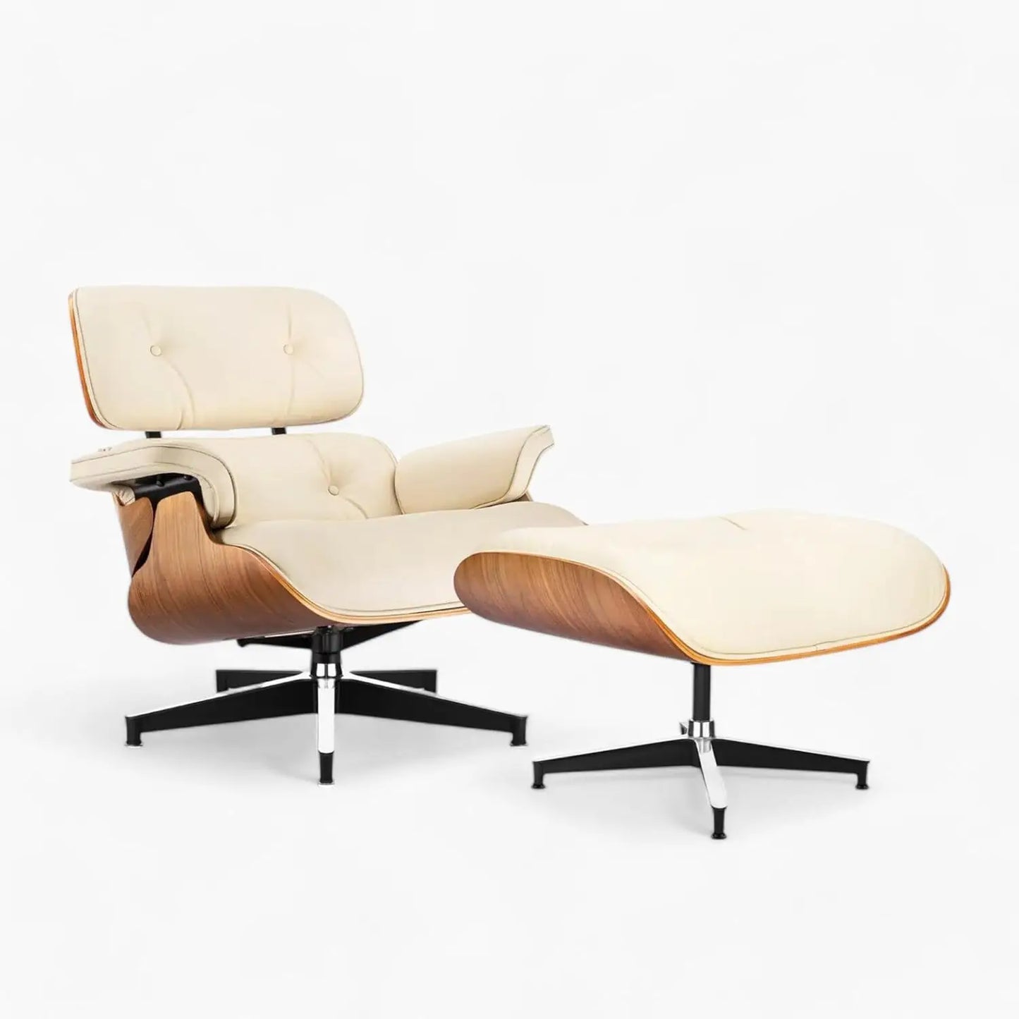 Chaise Lounge Chair with Ottoman Genuine Leather High-Resilience Foam Cushions Mid Century Modern Ergonomic Design