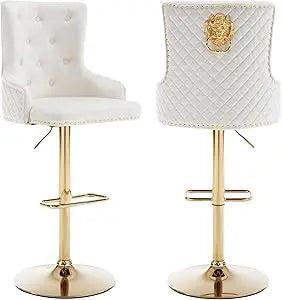 Bar Stools Set of 2, Golden Base Counter Height Stools with Footrest, Velvet Adjustable Swivel Kitchen Island Chair with Uphols