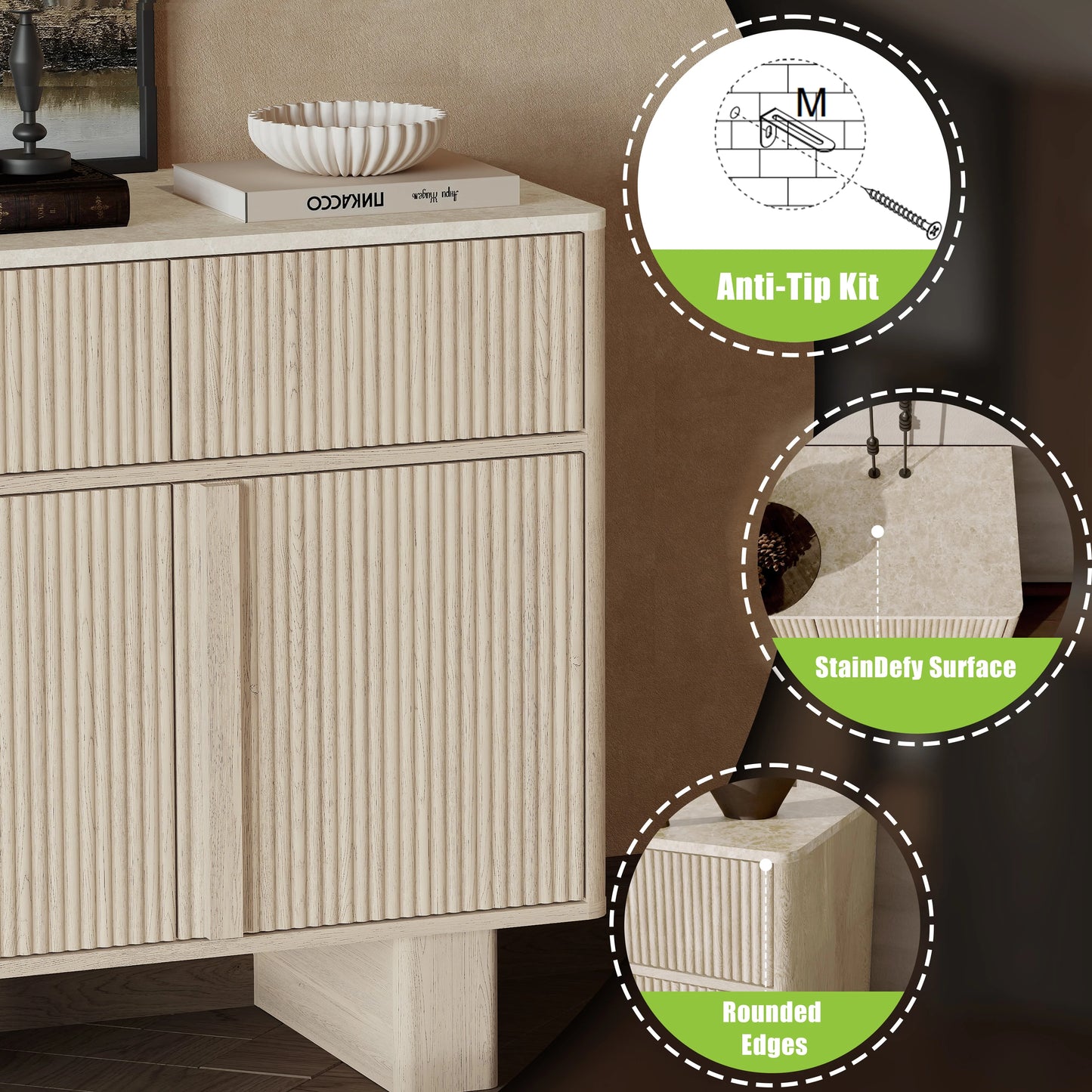 GEGOFORU 47" Sideboard Cabinet with 3 Drawers & 3 Doors, Modern Buffet with 2 Reinforced Legs for Kitchen/Living Room, Light Oak