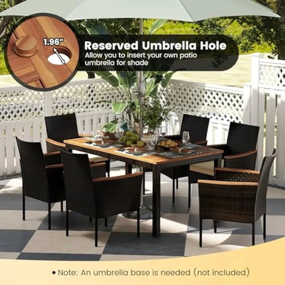 Outdoor Dining Set for 6, PE Rattan Wicker Patio Furniture Set with Wood Table & Cushioned Armchairs, 1.96'' Umbrella Hole, Pat