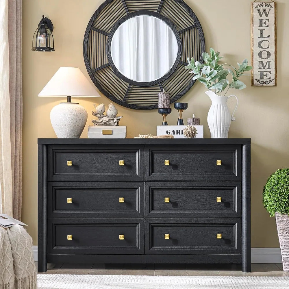 Black Dresser, Farmhouse 6 Drawer Dresser for Bedroom, 52 inch Wide Dressers with Deep Drawers, Vintage Dressers, Solid Wood