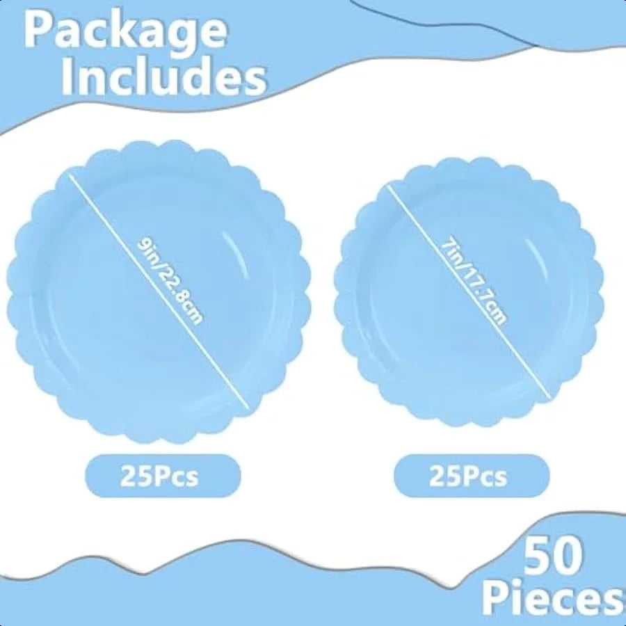 50 Pcs Light Blue Scalloped Paper Plates 7 Inch and 9 Inch Baby Blue Scalloped Dinner Plates for hower Birthday Wedding Party S