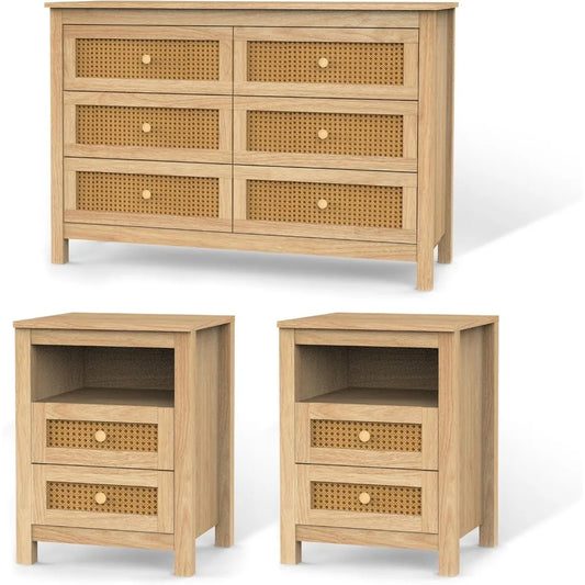 Farmhouse Bedroom Set, 3 Pieces Bedroom Furniture Set, Rustic Wood 6 Drawer Dresser and Nightstands, Chest of Drawers Wide Stora