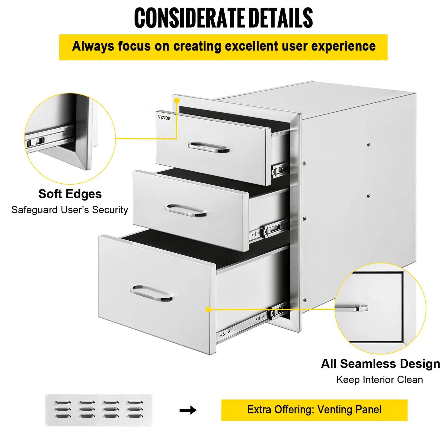 SucceBuy Stainless Steel Outdoor Kitchen Drawer With Handle Triple Layer for BBQ Island Grilling Cabinet Storing Cookware