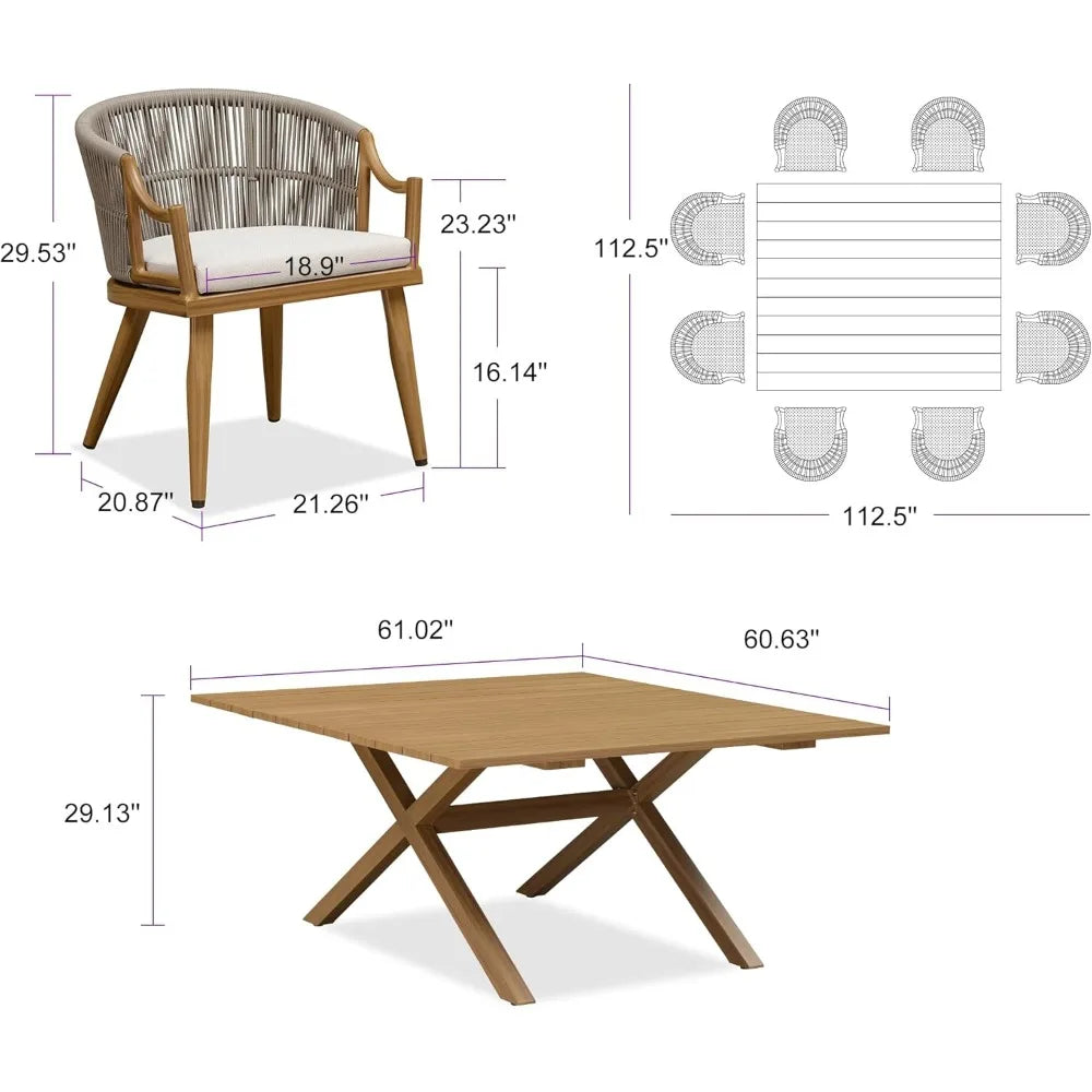 9 Pieces Outdoor Dining Set All Weather Wicker Patio Dining Set with Square Aluminum Table and Modern Armrest Dining Chairs for