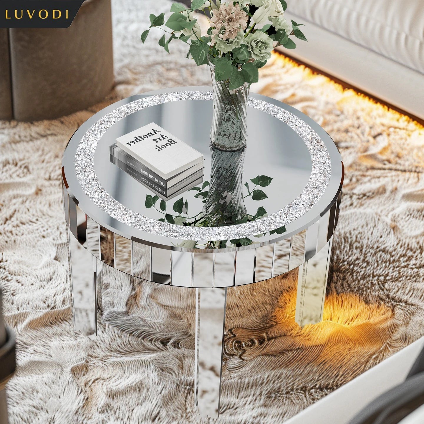 LUVODI Luxury Round Mirrored Side Table Crystal Inlay