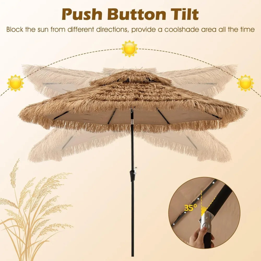 10 ft Thatched Patio Umbrella, 2 Tier Hawaiian Style Grass Beach Umbrella with 32 Led Lights, Center Light, Solar Tiki Umbrella