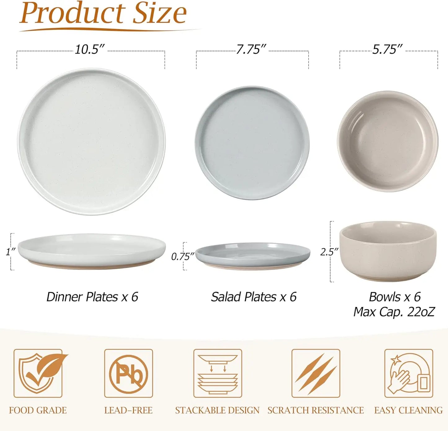 Dinnerware Set for 6, Dining Plates and Bowls Dishes for Kitchen Dining, 18PCS Ceramic Dinner Set, Scratch Resistant & Dishwashe