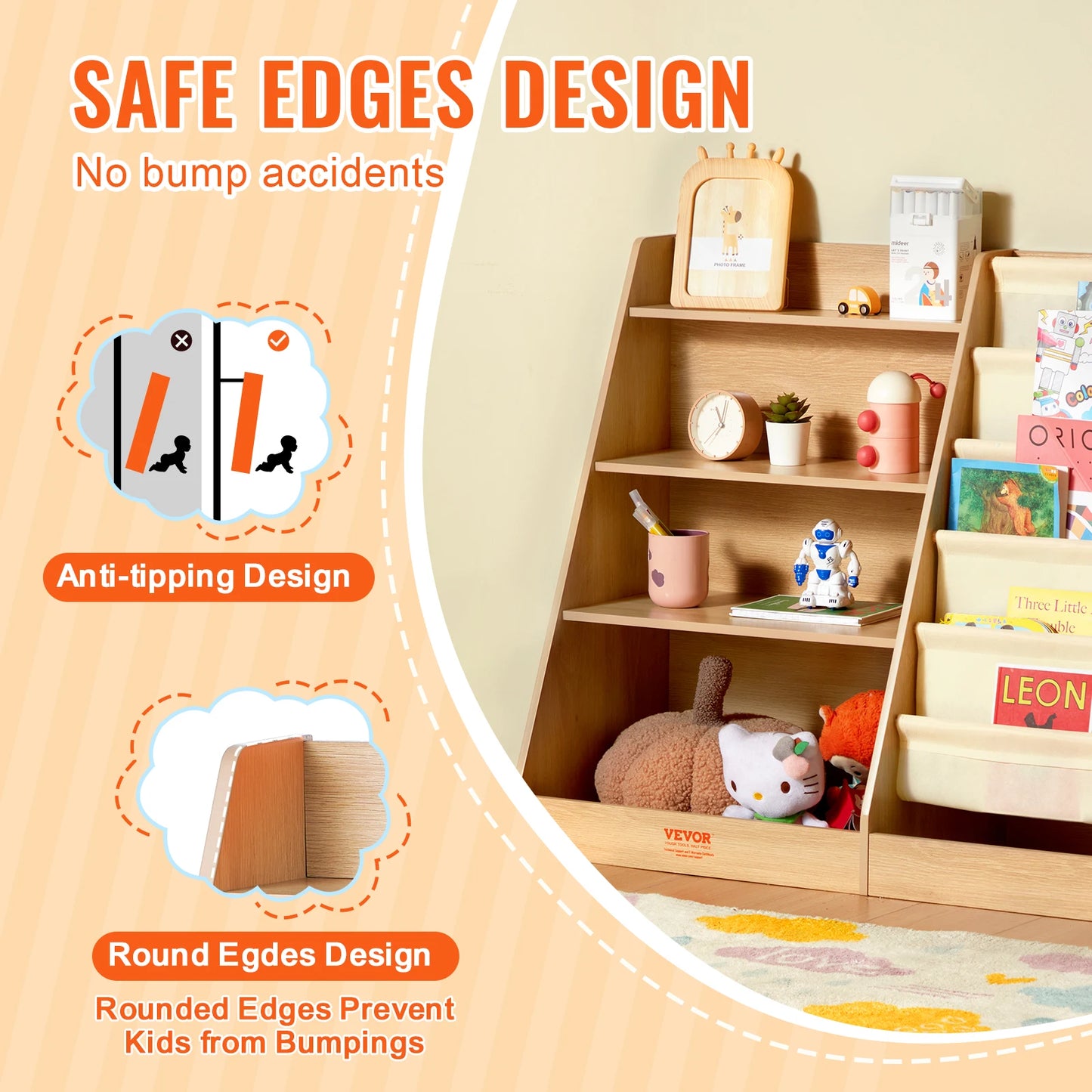 SucceBuy 4-Tier Kids Wooden Bookshelf Six-Layer Sling Bookcase  Storage Book Rack for Kids Room Playroom Kindergarten Nursery