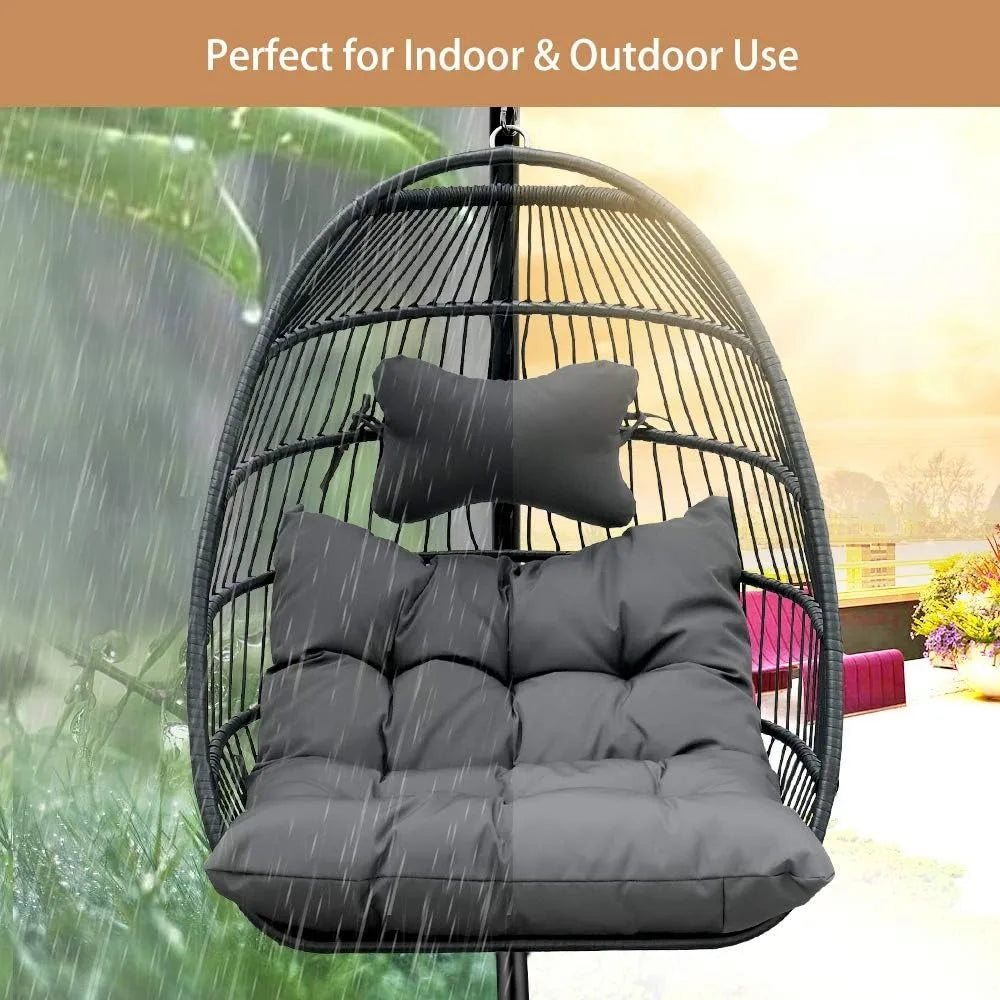 Foldable Rattan Wicker Swing Chair with Cushion and Pillow