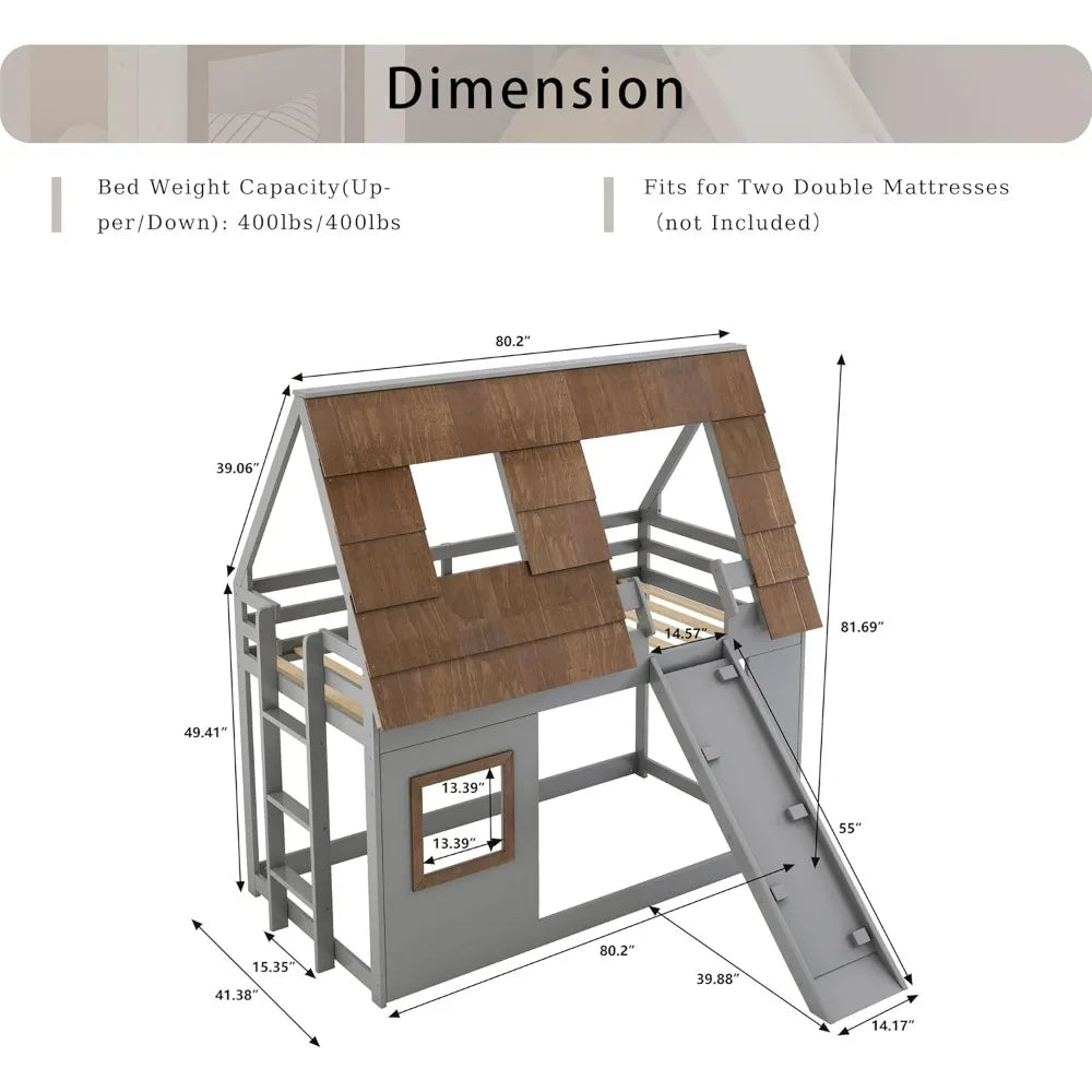 Twin Over Twin House Bunk Bed for Kids, Wood Bunk Bed Frame with Window Roof Design and Guardrail, Montessori Floor Bunk Bed Fra
