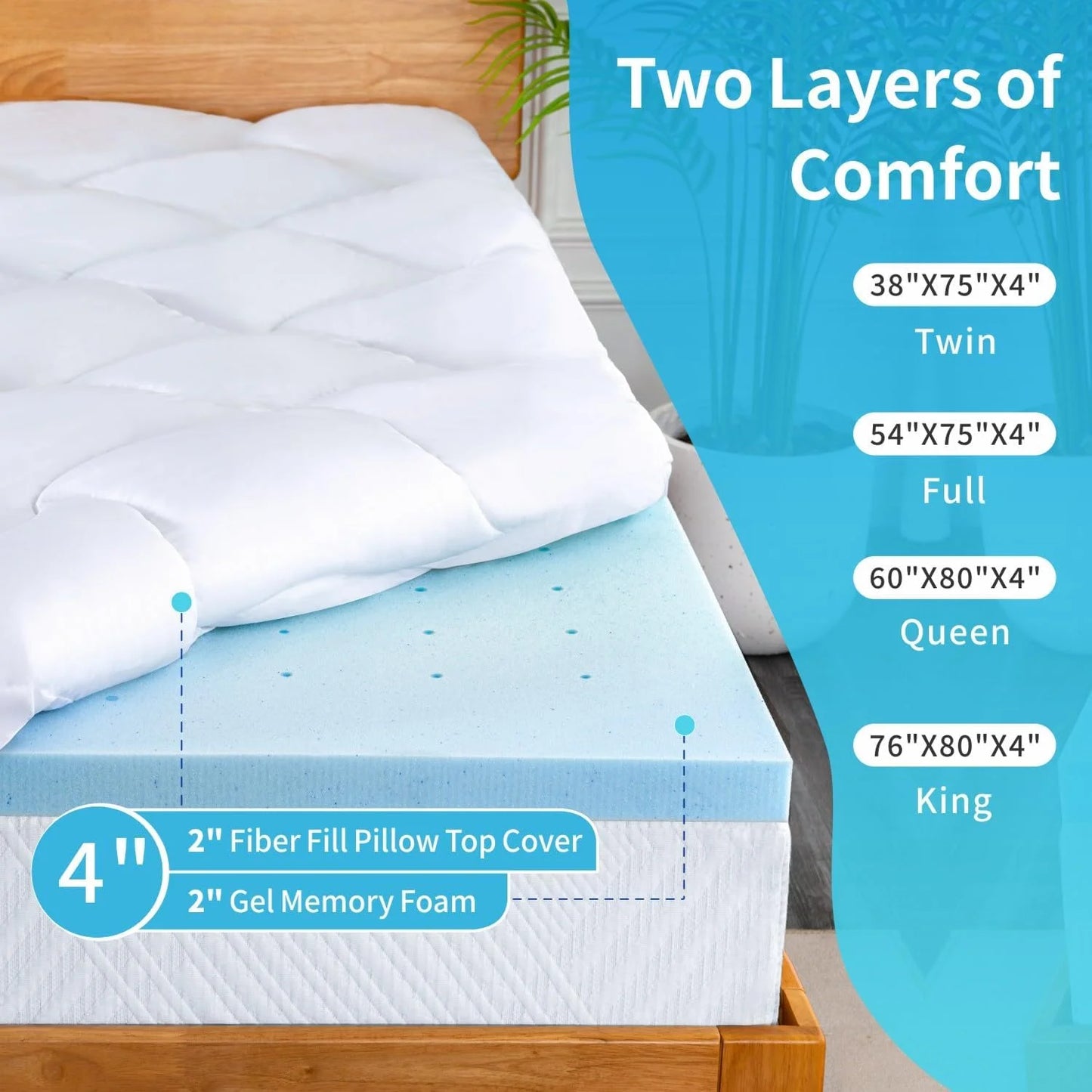 Hcore Dual Layer 4‘ Memory Foam Mattress, 2/3’ Gel Memory Foam plus 2/1’ Cool Pillowcase for Back
