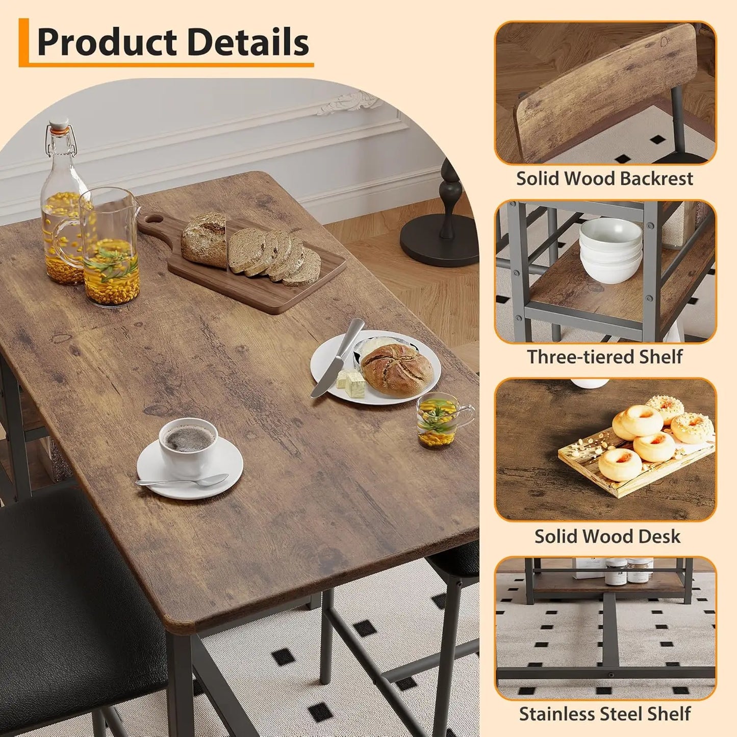 3-Piece Bar Table and Chairs Set with 3 Tier Storage Shelves, Dining Table Set for 2 with PU Cushion Bar Chairs & & MDF Board To