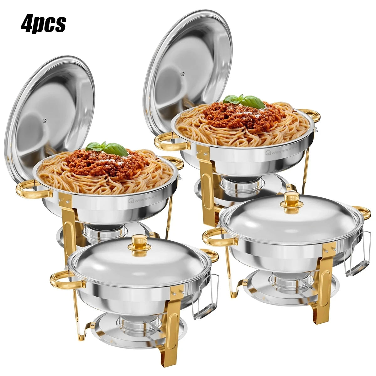 5QT 2/4 Pack Gold Round Chafing Dish Food Warmer Set with Stainless Steel Lid Fuel Can Home Party Hotel Buffet Gas Fuel Food Pan