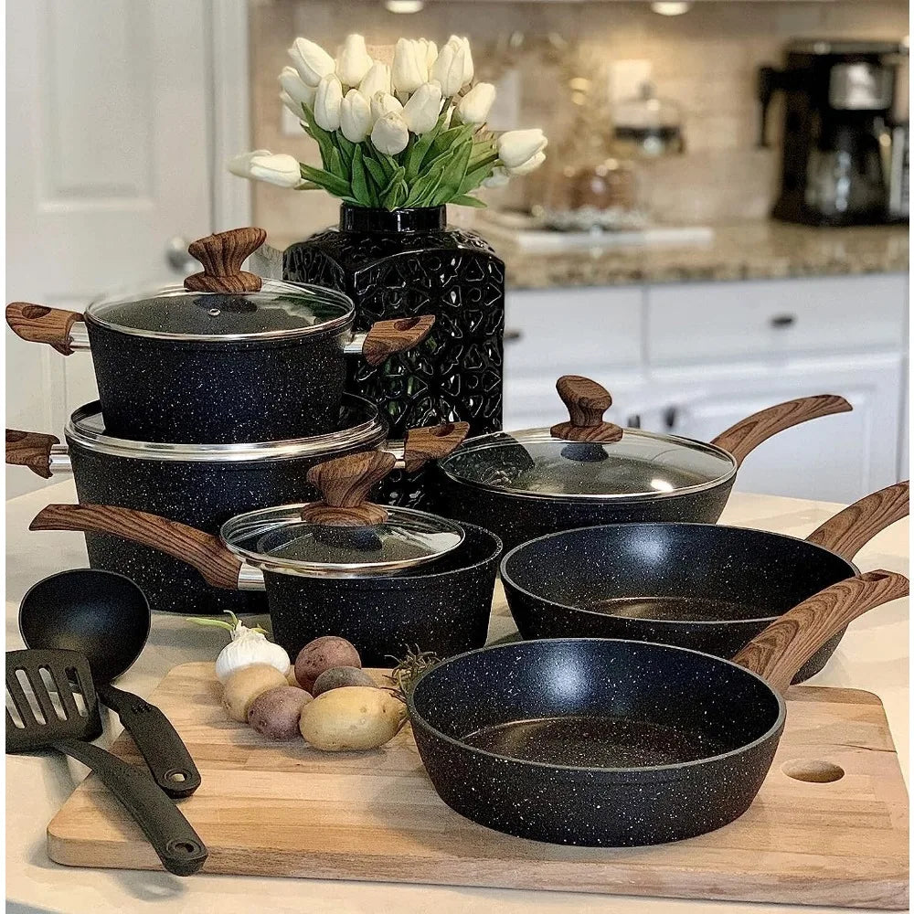 12 Pieces Kitchen Pots & Pans Set Nonstick Cookware Set Granite Coated w/ Lid