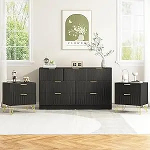 7 Drawer Dresser and Nightstand Sets for Bedroom, 3 Pcs Bedroom Set，Night Stand Set of 2 & 7 Drawer Dresser with Gold Handles, W