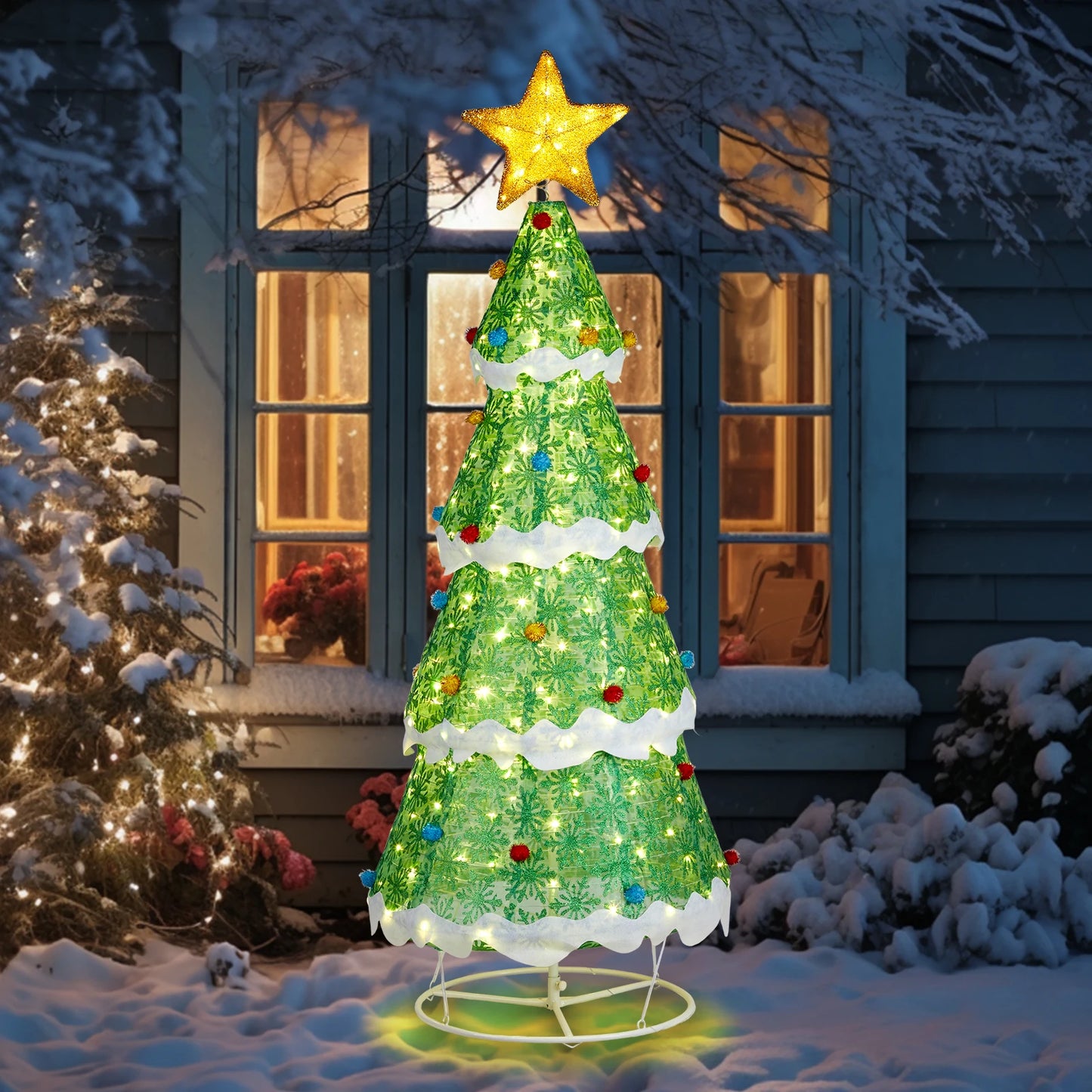70*70*194CM Star Christmas Tree Telescopic Warm White Light Snowflake with Powder Cloth 30V3.6W Christmas Tree Light Decoration