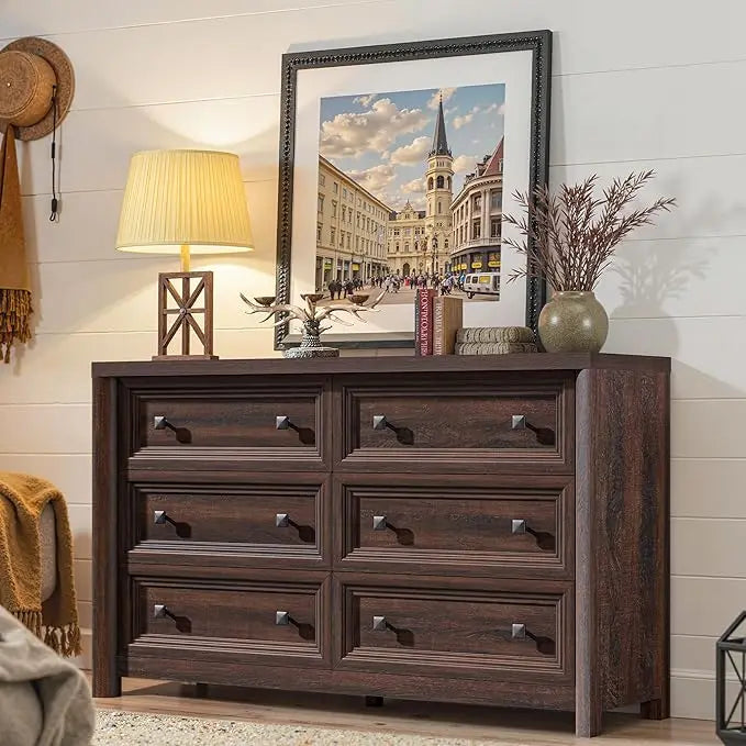 Black Dresser, Farmhouse 6 Drawer Dresser for Bedroom, 52 inch Wide Dressers with Deep Drawers, Vintage Dressers, Solid Wood