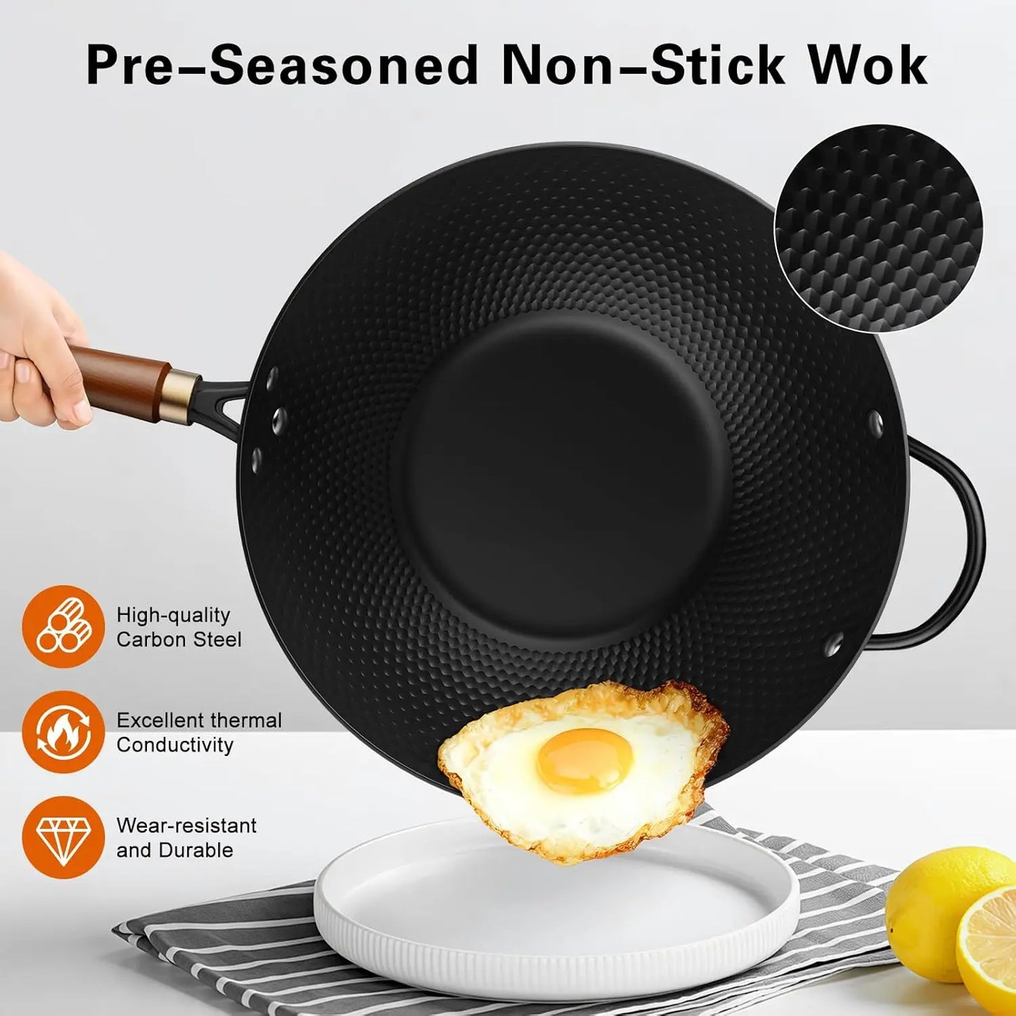 13-Inch Carbon Steel Wok Pan with Glass Cover, Nonstick for All Stoves Including Induction