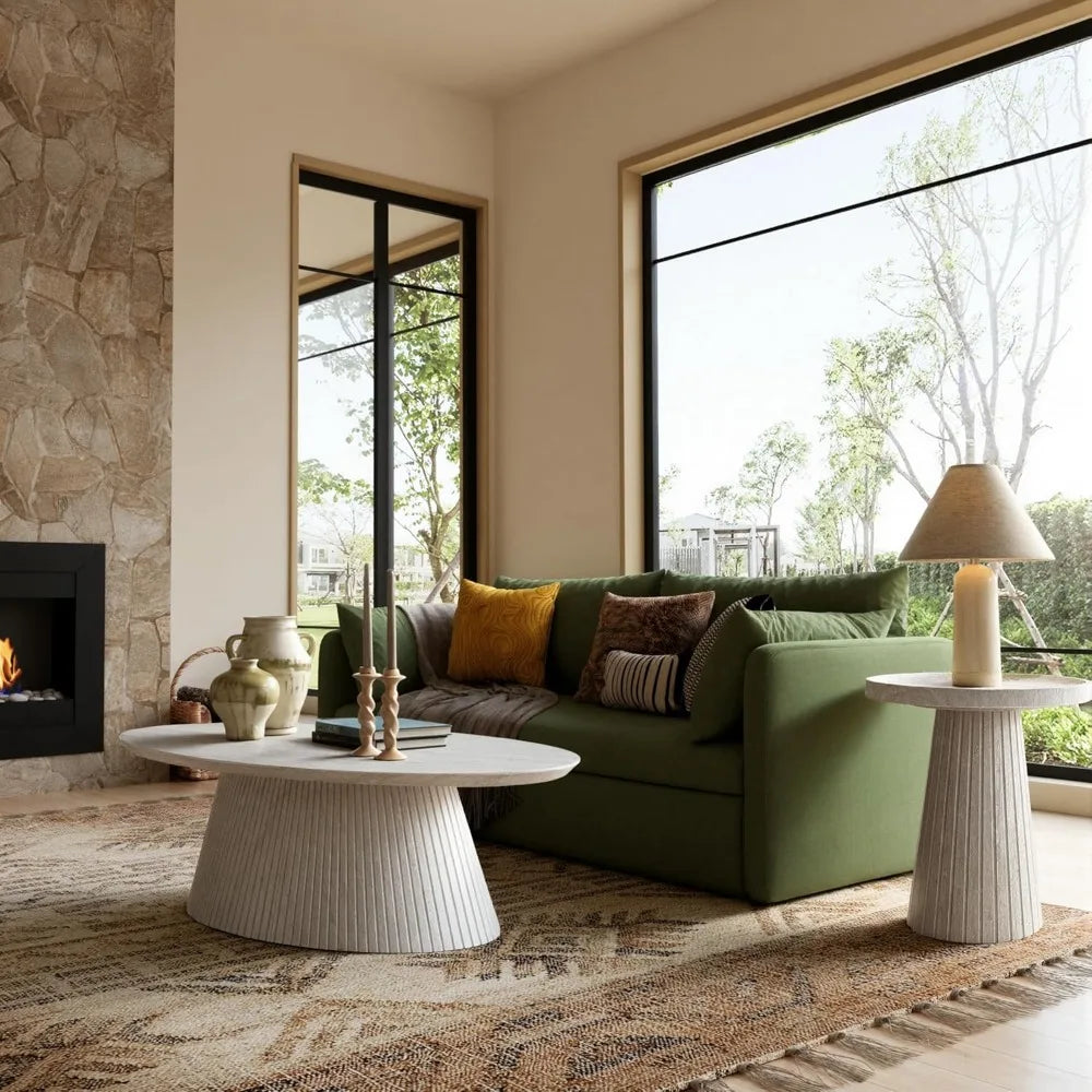 Oval Coffee Table, Modern Faux Stone Coffee Table with Fluted Design, Travertine Tea Table with Tapered Base, Minimalist