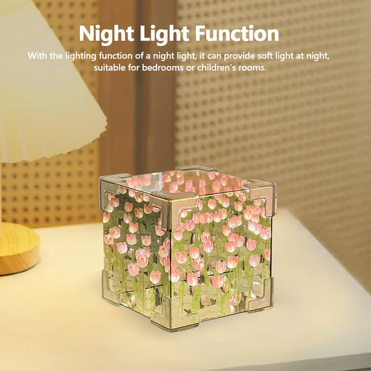 Tulip Night Light LED Decorative Nights Lamp Handmade DIY Tulip Mirror Night Light Tulip Cube Mirror Lamp Flowers Birthday Gifts