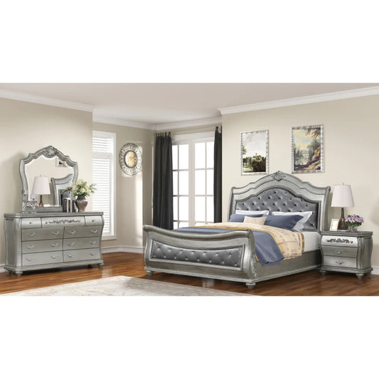 Traditional Crystal Tufted Queen Bedroom Set 4 Piece Silver