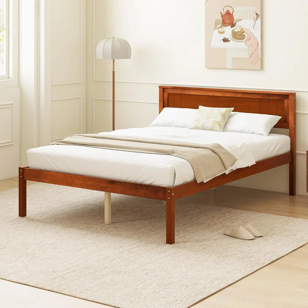 Full Size Wood Platform Bed with Headboard, Mid Century Solid Wood Full Bed with Slat Support, Double Bed Frame with 16" Under