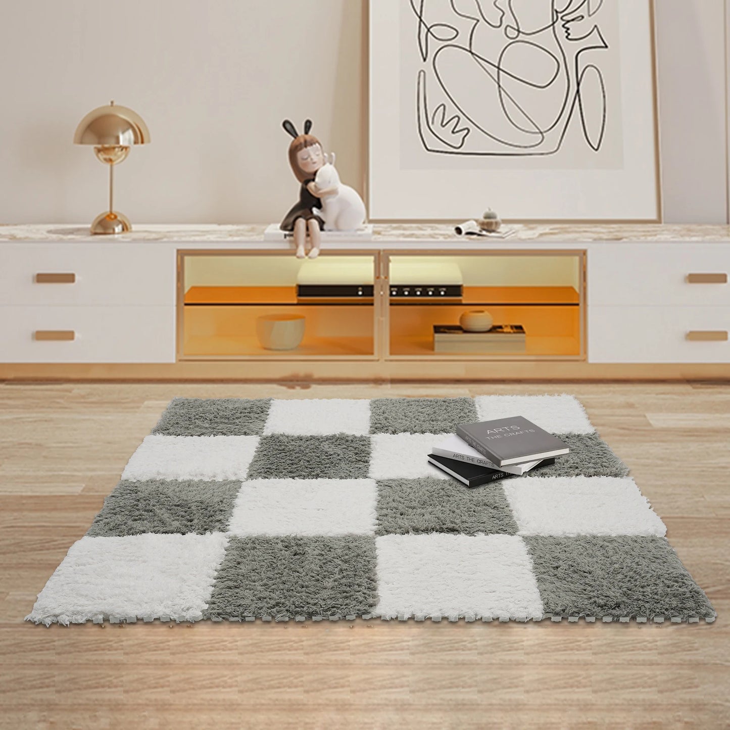 Fluffy Rugs Square 16Pcs Floor Mat Gray and White Carpet for Children Kids Room Home Parlor Bedroom