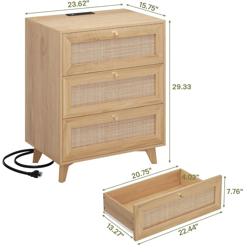 Rattan Nightstand with Charging Station, Night Stand with 3 Drawers and 2 USB Ports and 2 AC Outlets, Rattan Bedside Table